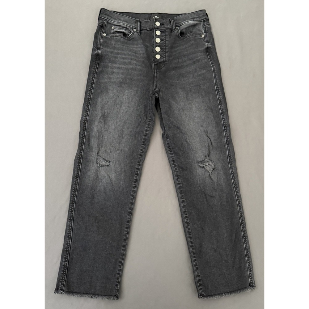 7 For All Mankind Cropped Jeans Womens Size 30 Black Wide Leg Raw Hem Distressed